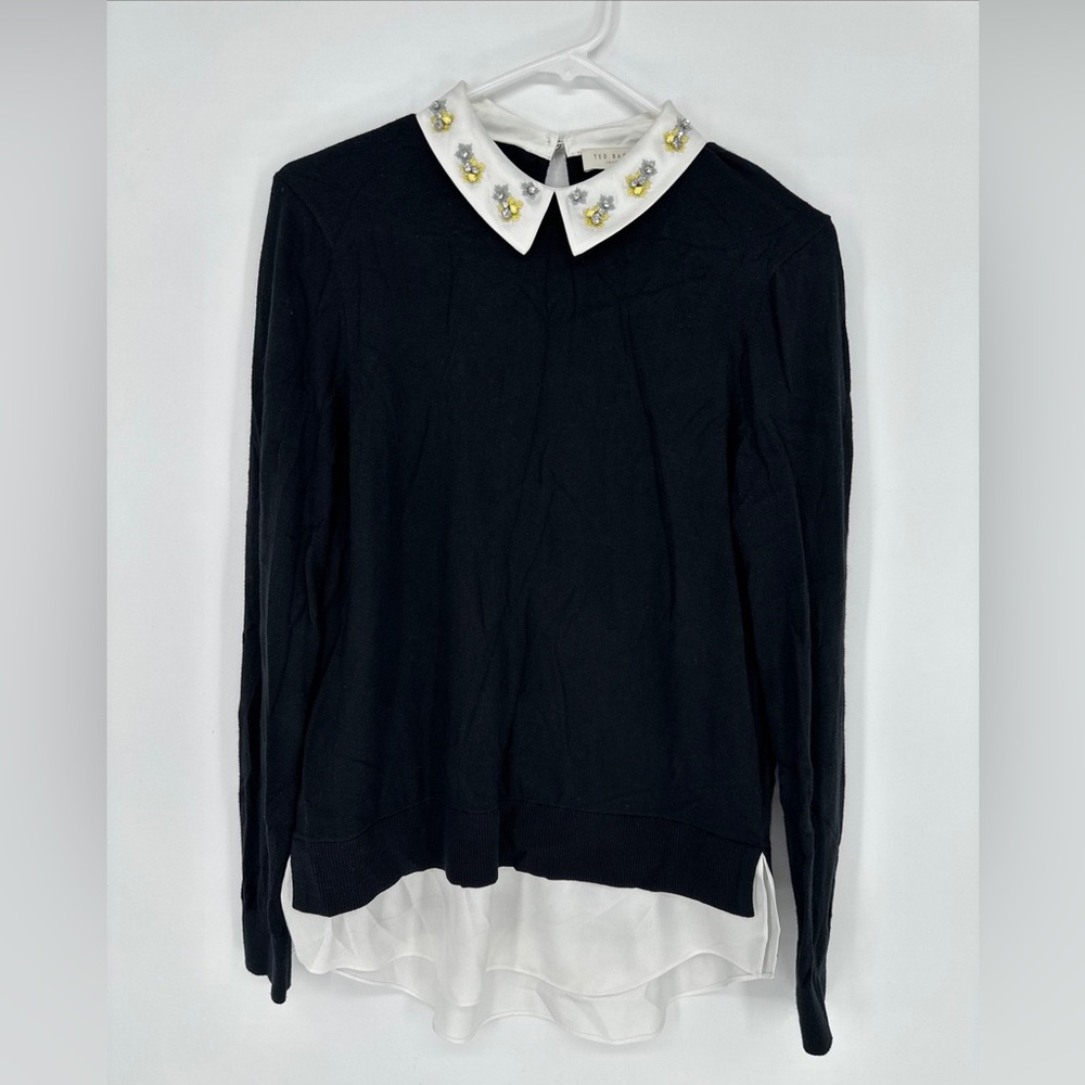 Ted Baker Long Sleeve Black Top with Rhinestone Collar size 2